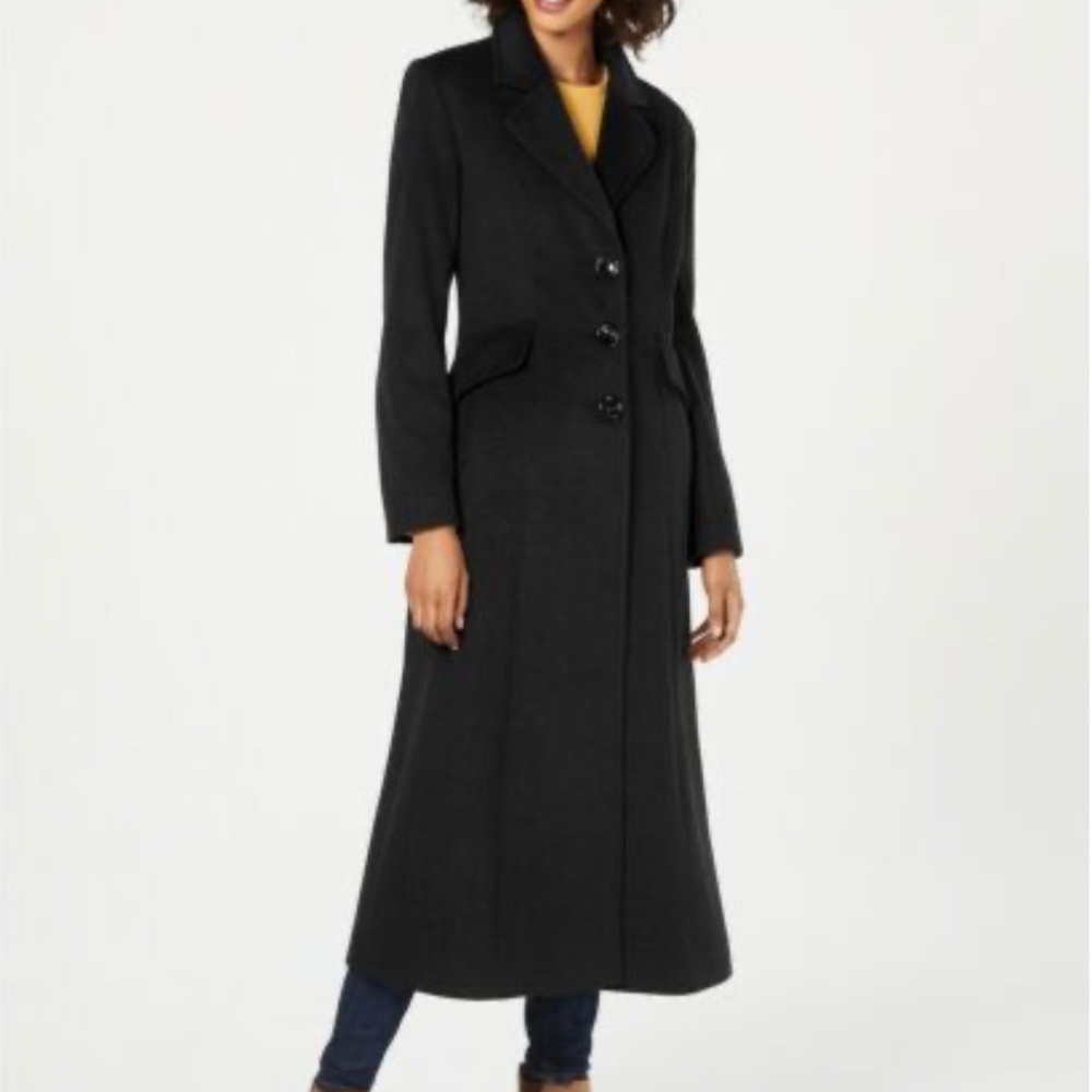 100% Wool Notched-Collar Maxi Walker Coat Size L Black Side Pockets 3 Buttons